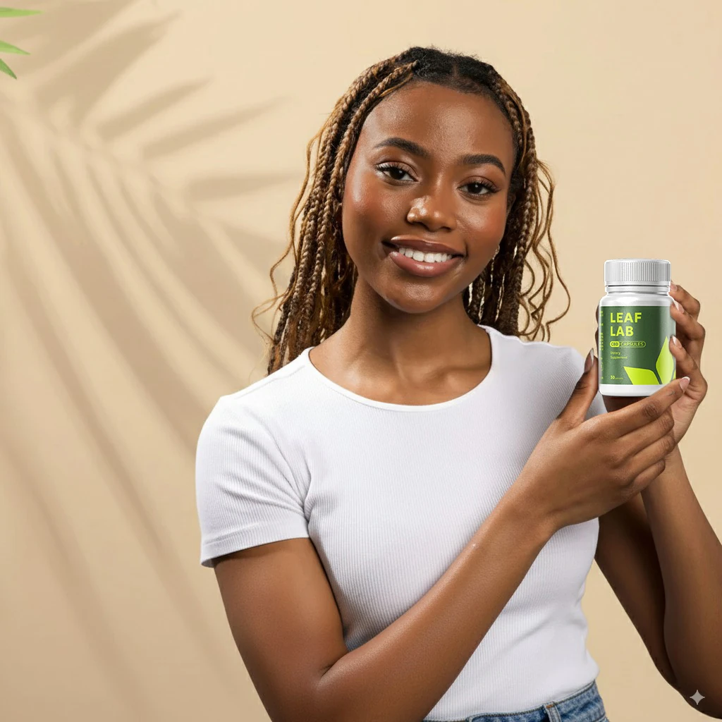 Immagine ravvicinata di una capsula di Leaf Lab con bicchieri d'acqua, che illustra il metodo di assunzione.