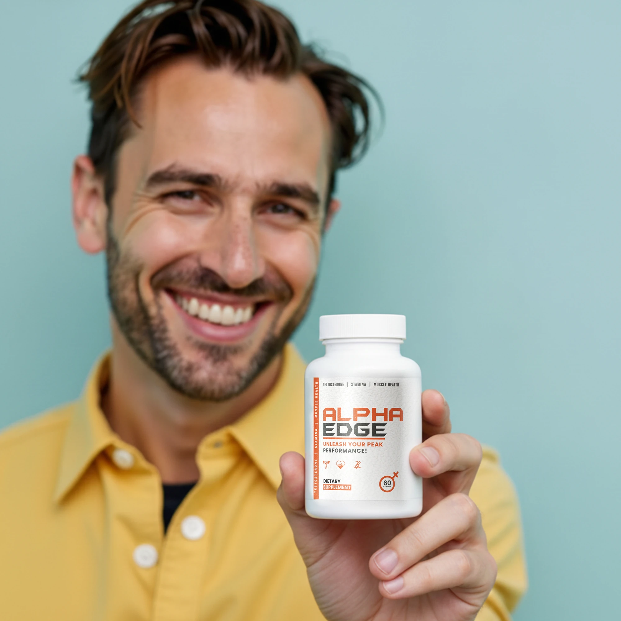 Illustrazione delle modalità d'uso di Alpha Edge con capsule e bicchiere d'acqua.