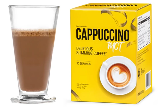 Confezione di Cappuccino MCT e una tazza di bevanda fumante