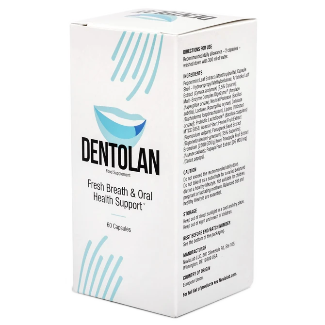 Dettaglio del flacone di Dentolan, integratore per l'alito e la digestione