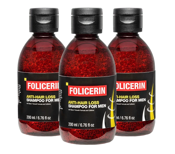 Dettaglio della bottiglia di shampoo Folicerin