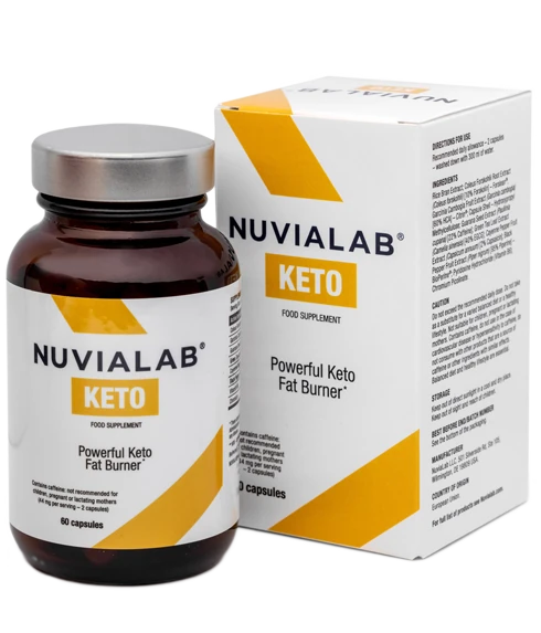Confezione di NuviaLab Keto con ingredienti e benefici in evidenza