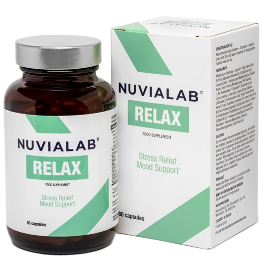 Bottiglia e scatola di NuviaLab Relax, un supporto per il relax.