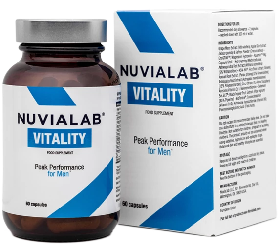 Confezione di NuviaLab Vitality, un integratore per la vitalità maschile.