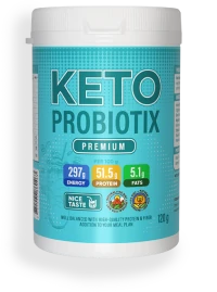 Confezione di Keto Probiotix, un integratore in polvere per il controllo del peso, al gusto di cocco.