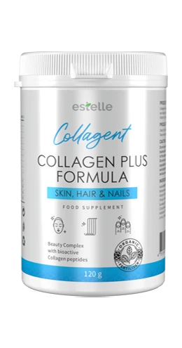 Flacone di Collagent Premium circondato da accessori per la cura della pelle